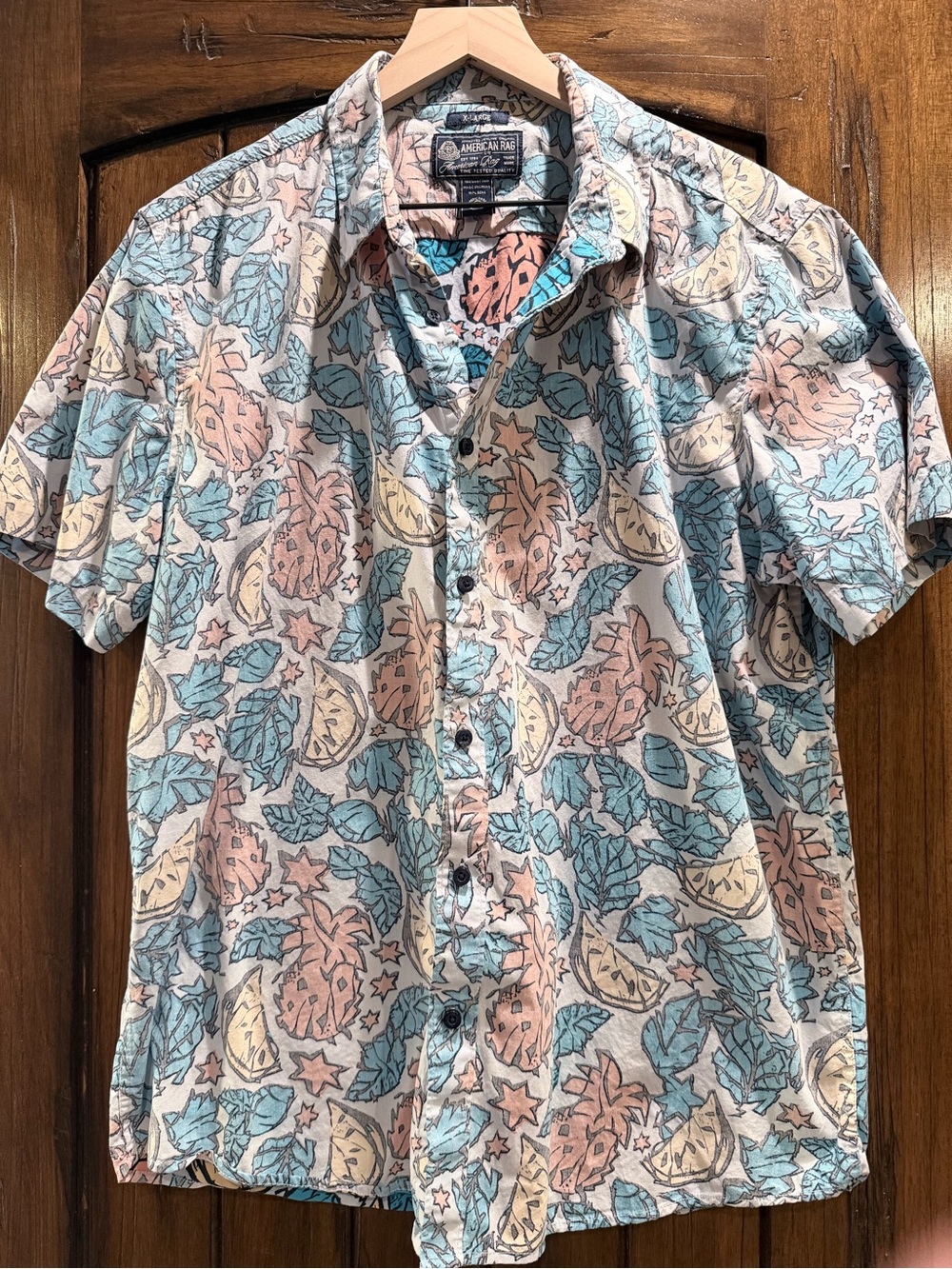 Men's Short-Sleeve Tropical Print Shirt - Pastel Blue & Pink XL